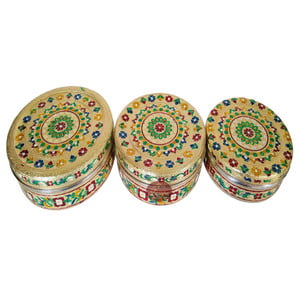 Golden Flower Meenakari Designed Stainless Steel Make 3-Piece Container Set